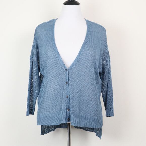 Eileen Fisher Size M Button Linen Cardigan Sweater Cornflower Blue - Picture 2 of 11